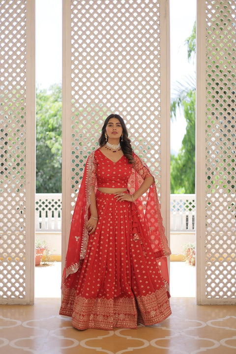 Red Enchanting and vibrant, our Dayble Viscose Jacquard lehenga set is perfect for Any Occasions