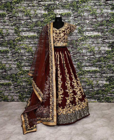 Give yourself an unique look by wearing this exquisite maroon color silk lehenga set.