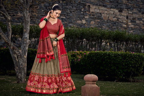 Mehendi Tussar Silk Printed Lehenga Choli: Effortless Glamour and Sophistication For Women