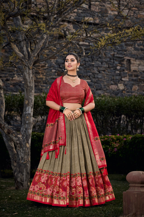 Mehendi Tussar Silk Printed Lehenga Choli: Effortless Glamour and Sophistication For Women