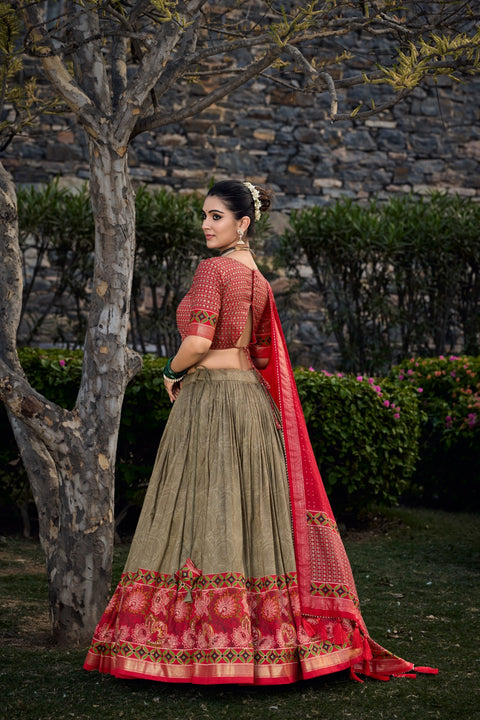 Mehendi Tussar Silk Printed Lehenga Choli: Effortless Glamour and Sophistication For Women