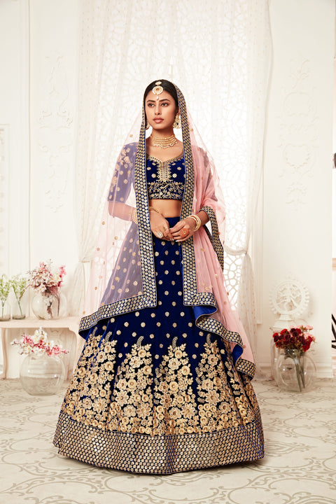 Embellished Navy Blue Fancy Lehenga Choli for Women In Wedding Occasion with Dupatta in USA