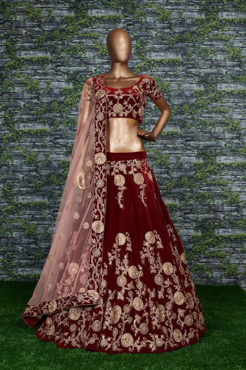 Exquisite Rubey Red Lehenga set is Adorned with Colourful Resham Embroidery on the Blouse and Lehenga for women.