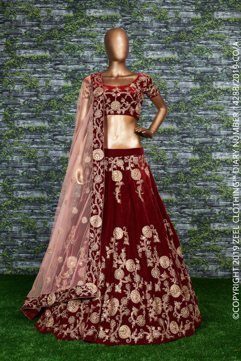 Exquisite Rubey Red Lehenga set is Adorned with Colourful Resham Embroidery on the Blouse and Lehenga for women.