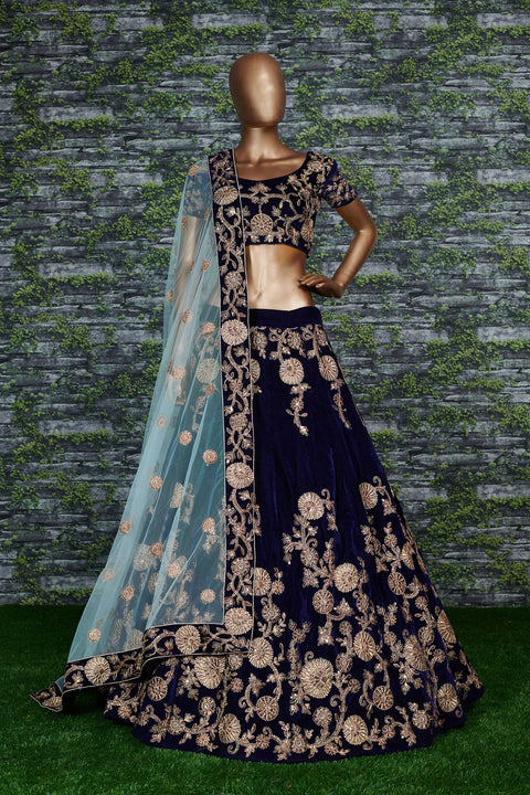 Elegant Navy Blue Lehenga set is Adorned with Colourful Resham Embroidery on the Blouse and Lehenga for women.