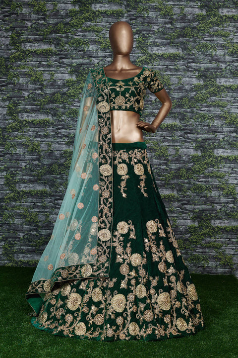 Festive Green Lehenga set is Adorned with Colourful Resham Embroidery on the Blouse and Lehenga for women.