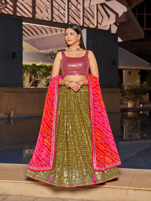 Gorgeous Olive Pink Wedding wear Heavy Lehenga Choli for Women with Dupatta Sequence Lehenga Choli In USA