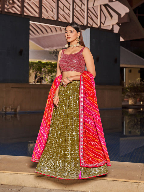 Gorgeous Olive Pink Wedding wear Heavy Lehenga Choli for Women with Dupatta Sequence Lehenga Choli In USA