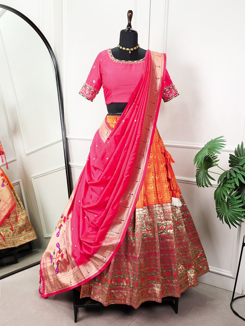 A jacquard orange lehenga and handwork blouse with a beautiful Jacquard silk paithani dupatta giving all your special occasions