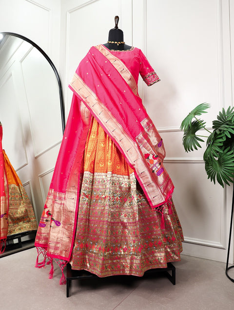 A jacquard orange lehenga and handwork blouse with a beautiful Jacquard silk paithani dupatta giving all your special occasions