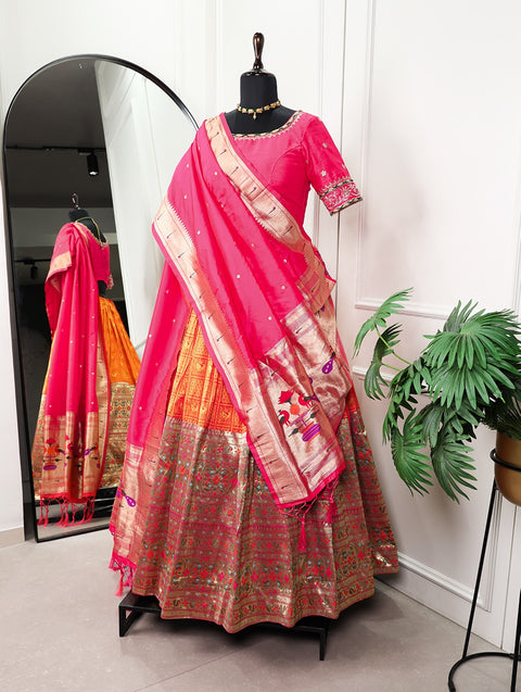 A jacquard orange lehenga and handwork blouse with a beautiful Jacquard silk paithani dupatta giving all your special occasions