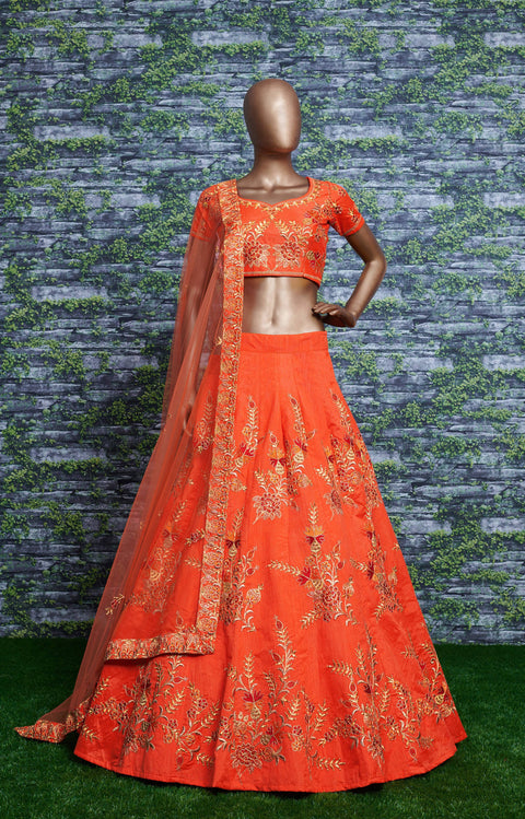 Orange Adorn a simple yet elegant charm with this ensemble in an this dark orange lehenga choli for women