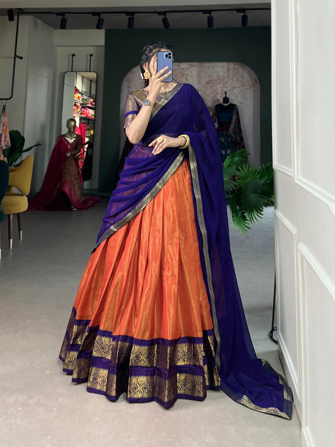 Orange Crafted with love, adorned with heritage : The South-style Kanchipuram silk lehenga choli for women