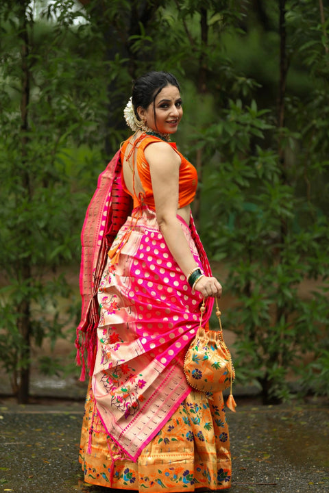 Get traditional touch to your look adorning this orange color lehenga in jacquard material For Women