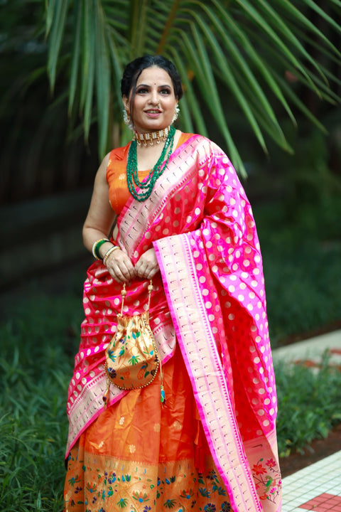 Get traditional touch to your look adorning this orange color lehenga in jacquard material For Women