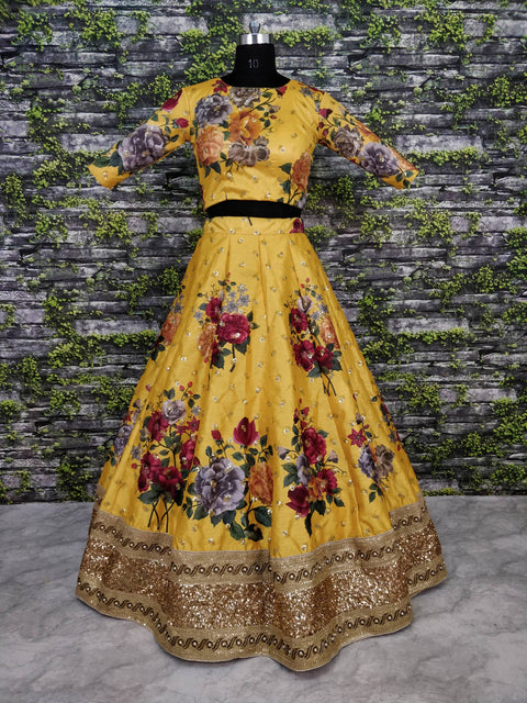 yellow summer wedding wear. floral printed and embellished Sequins Butti work all over