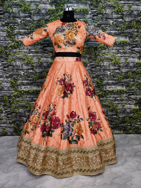 peach summer wedding wear. floral printed and embellished Sequins Butti work all over