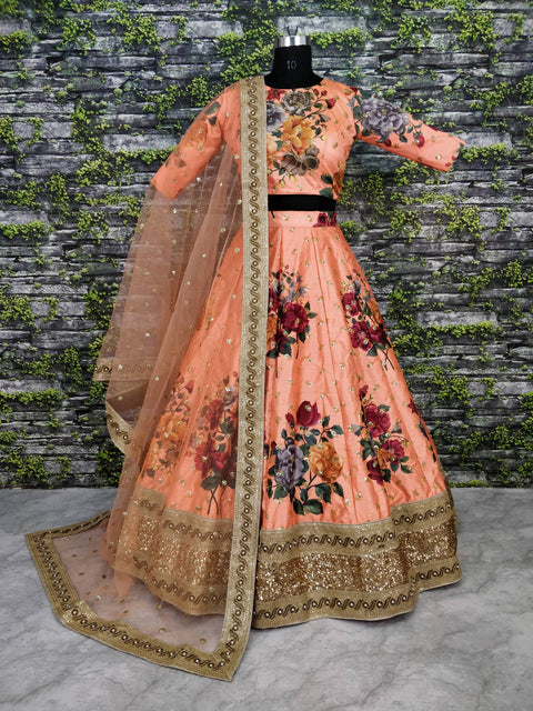 peach summer wedding wear. floral printed and embellished Sequins Butti work all over