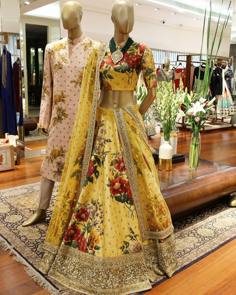 yellow summer wedding wear. floral printed and embellished Sequins Butti work all over