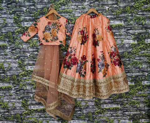 peach summer wedding wear. floral printed and embellished Sequins Butti work all over