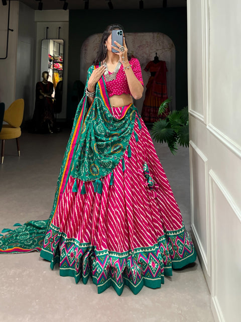 Trendy Pink navratri lehenga choli online india, Leheriya lehenga choli for women in USA