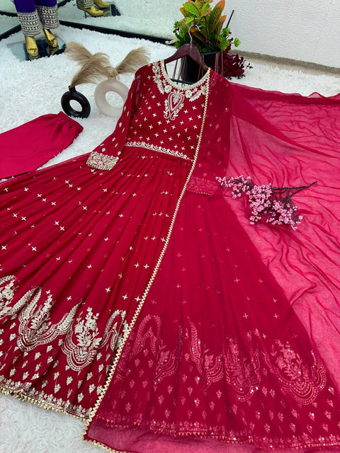 Pink Full Heavy Embroidery Sequence Work Gown With Fully Stiched and Dupatta For Women