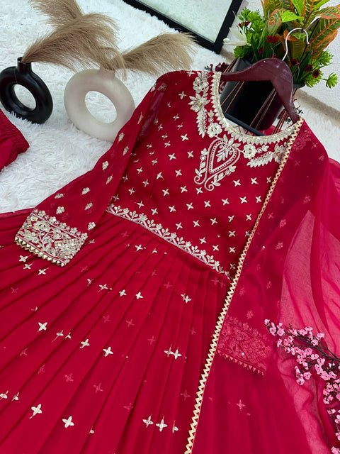 Pink Full Heavy Embroidery Sequence Work Gown With Fully Stiched and Dupatta For Women