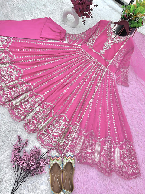 Pink Designer Party Wear Look Full Heavy Embroidery Sequence Work Gown With Fully Stiched and Dupatta