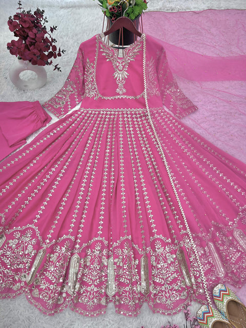 Pink Designer Party Wear Look Full Heavy Embroidery Sequence Work Gown With Fully Stiched and Dupatta