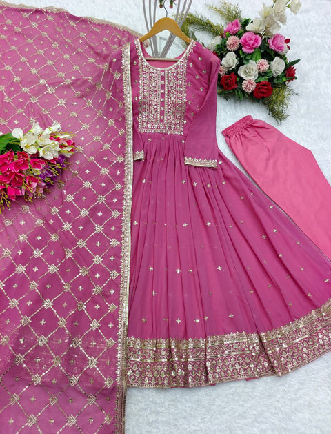 Rose Pink Fox Georgette Anarakali Gown -Pent  Dupatta Set Fully Stitched