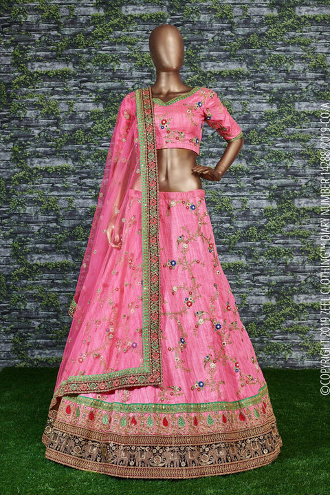 Pink Embroidered Designer Art Silk Wedding Lehenga Choli For Women In USA