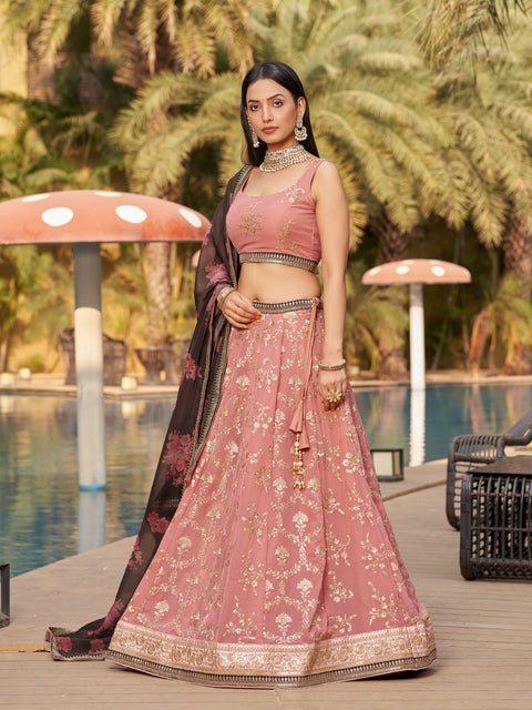 Pink And Brown Gorgeous Wedding wear Heavy Lehenga Choli for Women with Dupatta Sequence Lehenga Choli In USA