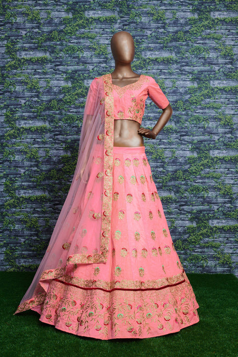 Take the route of elegance with this splendid ensemble in pastel. Color, material & work Lehenga choli for women