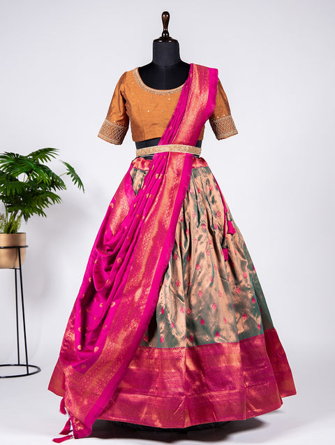 Pink stunning and intricate pattu stitched lehenga choli set For Women