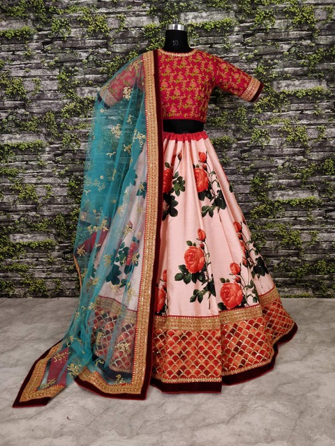 Stunning Giant Rose Florals printed on lehengas with Heavily Embroidered Blouse For Women