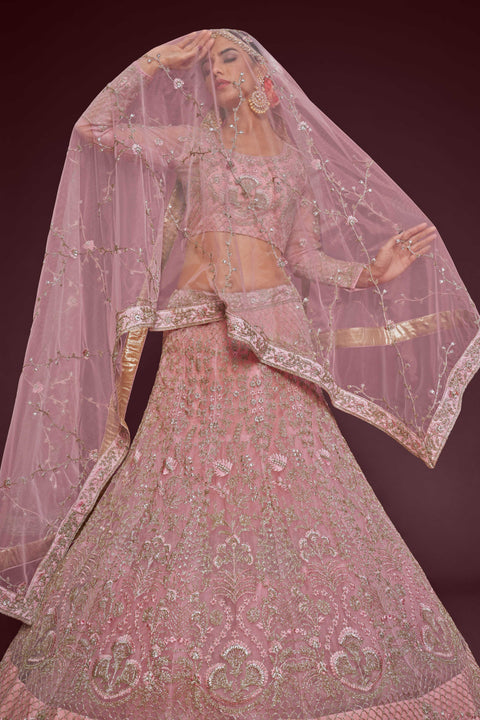 Pearl Pink Stylish Wedding wear Heavy Lehenga Choli for Women with Dupatta in USA Sequence Lehenga Choli