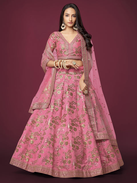 Richly Designed Pink Wedding Wear Heavy Lehenga Choli for Women with Dupatta in USA Sequence Lehenga Choli