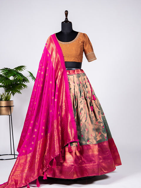 Pink stunning and intricate pattu stitched lehenga choli set For Women