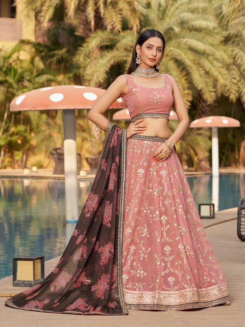 Pink And Brown Gorgeous Wedding wear Heavy Lehenga Choli for Women with Dupatta Sequence Lehenga Choli In USA