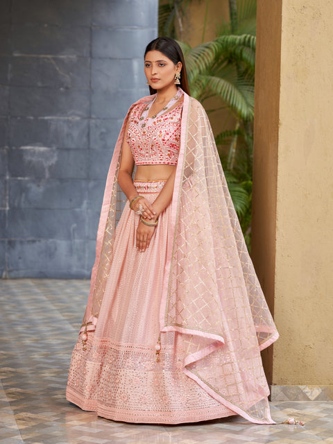 Striking Pink Wedding wear Heavy Lehenga Choli for Women with Dupatta Sequence Lehenga Choli In USA