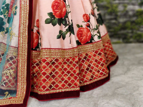 Stunning Giant Rose Florals printed on lehengas with Heavily Embroidered Blouse For Women