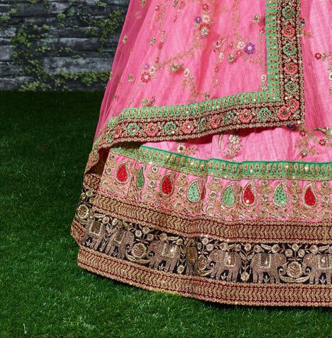 Pink Embroidered Designer Art Silk Wedding Lehenga Choli For Women In USA