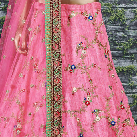 Pink Embroidered Designer Art Silk Wedding Lehenga Choli For Women In USA