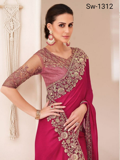 Pink Indian Wedding Wear saree with blouse in USA, Perfect for Indian Party Wear sequins saree For Woman