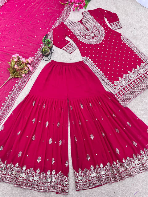 Pink Heavy Embroidery Sequence Work Top-Gharara And Dupatta Set Fully Stitched For Women