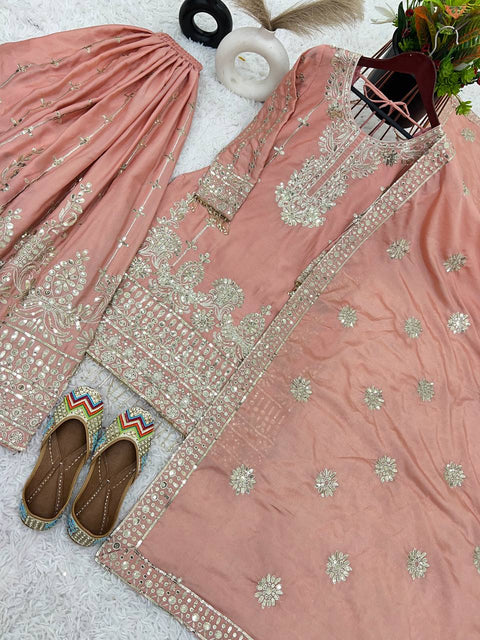 Peach Pure Chinnon With Heavy Embroidery Sequence Work Top-Bottom And Dupatta