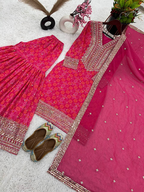 Pink Heavy Georgette With Digital Print and Embroidery Sequence Work Top-Bottom And Dupatta Set For Women