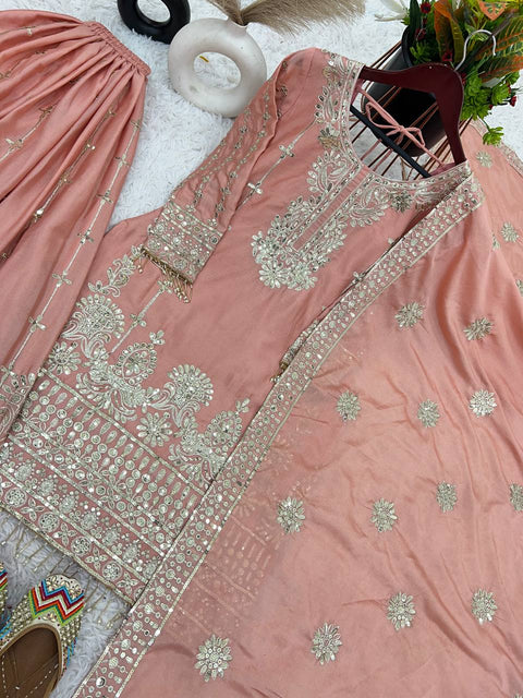 Peach Pure Chinnon With Heavy Embroidery Sequence Work Top-Bottom And Dupatta