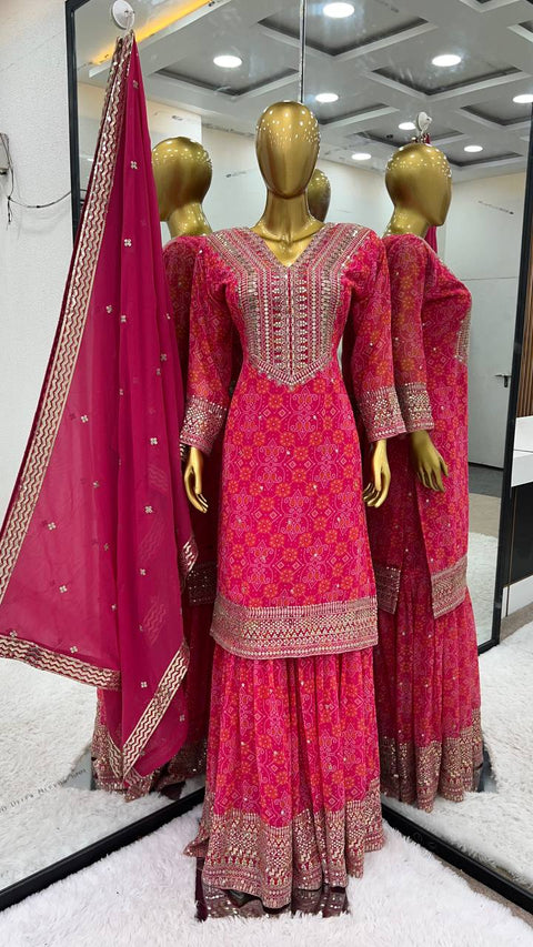 Pink Heavy Georgette With Digital Print and Embroidery Sequence Work Top-Bottom And Dupatta Set For Women