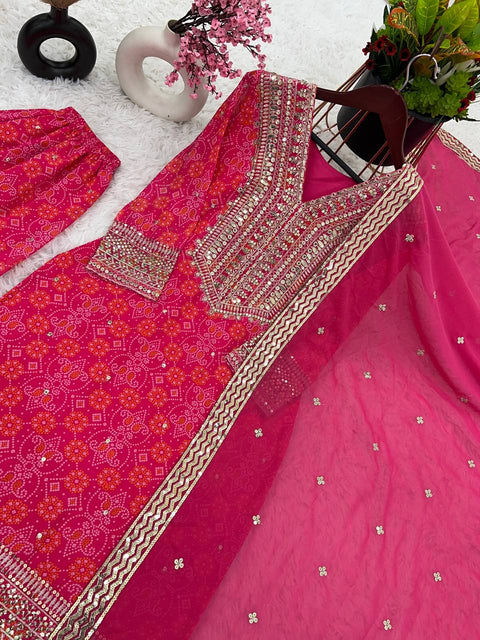 Pink Heavy Georgette With Digital Print and Embroidery Sequence Work Top-Bottom And Dupatta Set For Women